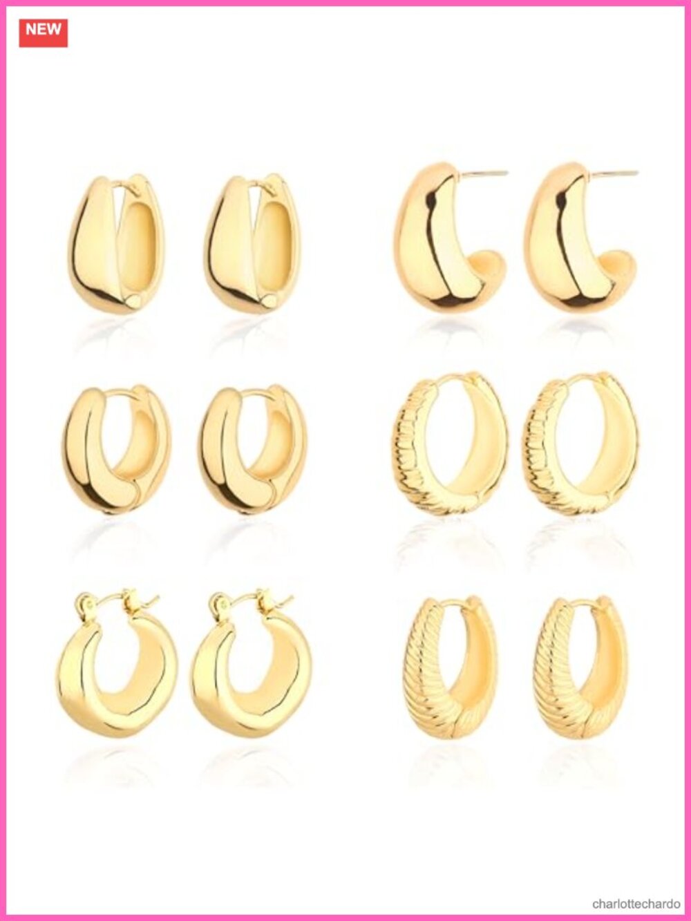14K Gold Plated Chunky Hoop Earrings Set ~ 6 Pairs Hypoallergenic Lightweight